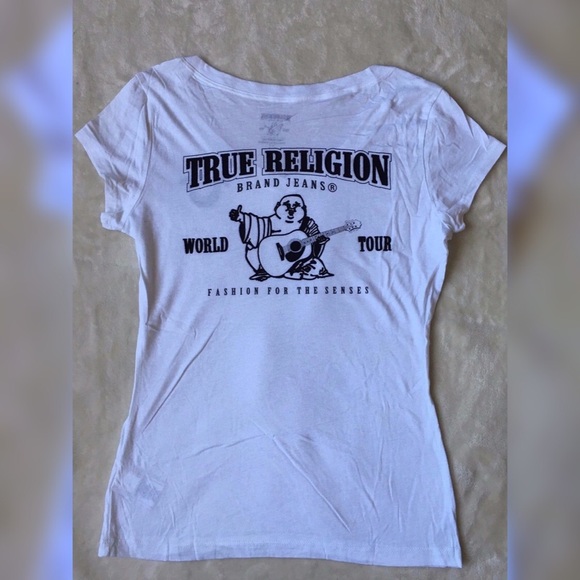 Women's TRUE RELIGION Flocked V Neck Tee Shirt - Picture 5 of 6